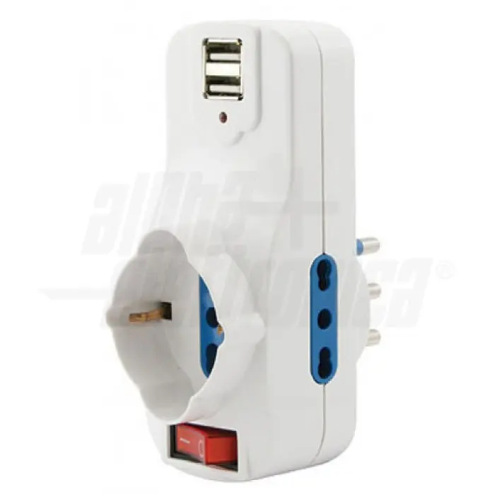 Adatt. 2 prese bipasso 10-16 A schuko - 1 presa bipasso schuko - 2 prese USB 5 V 1 A