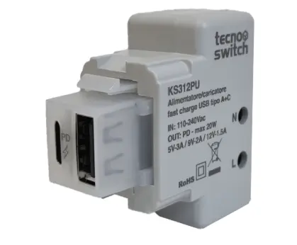 Alimentatore/caricatore USB tipo A+C PD 20W 5V – tecno switch KS312PU