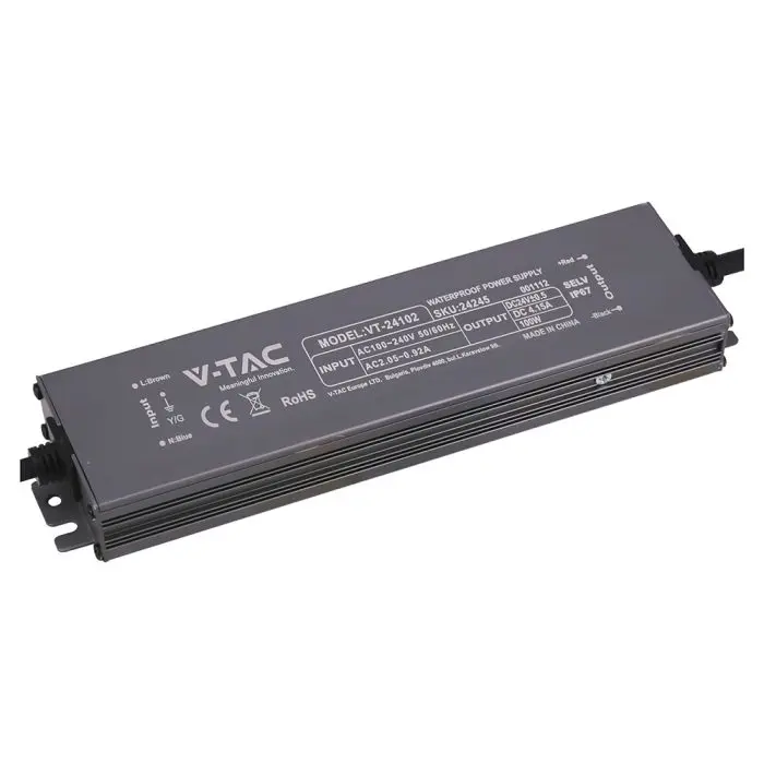 Alimentatore LED in Metallo 100W 24V 4.15A con 1 Uscita 219x50x25mm IP67 V-TAC 24245