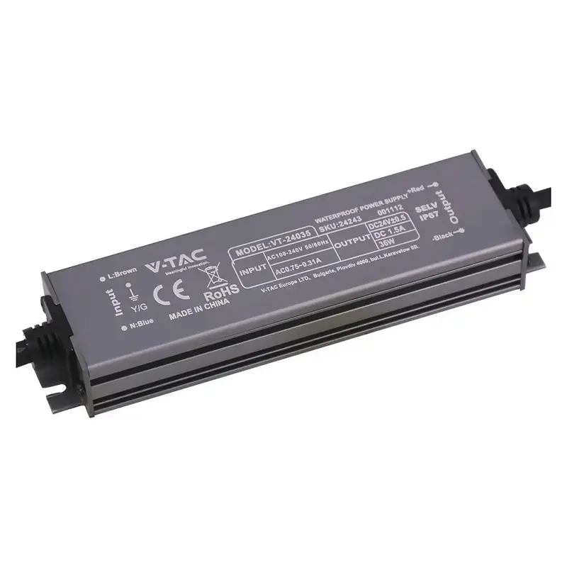 Alimentatore LED in Metallo 36W 24V 1.5A con 1 Uscita 140x35x21mm IP67 V-TAC 24243