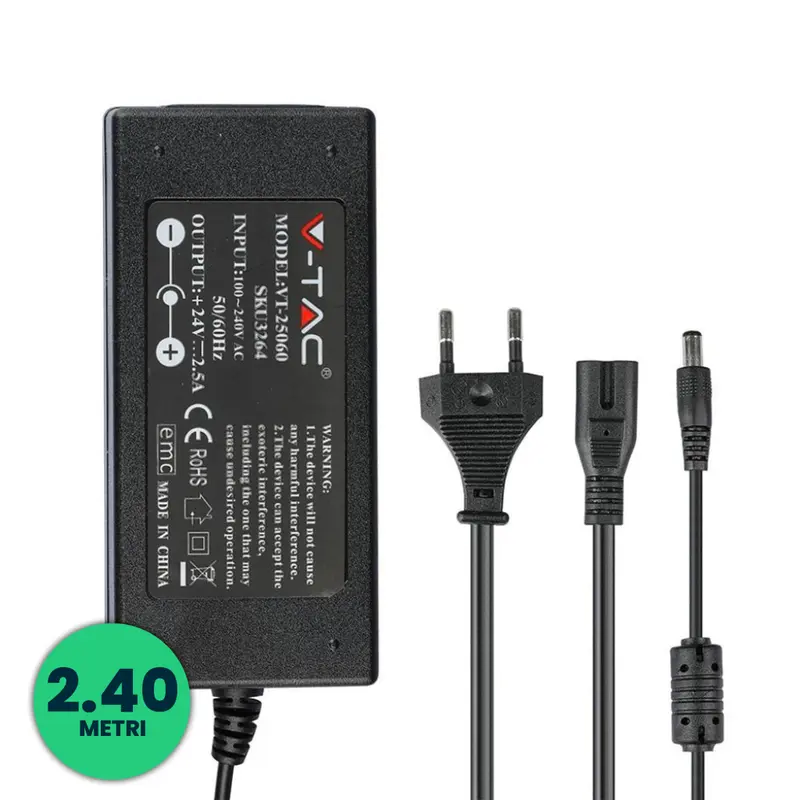 Alimentatore per Strip LED V-TAC 60W 24V 2.5A Plug and Play con Jack 2.1 e Cavo 2.4m con Spina, Protezione EMI e Cortocircuito IP44 SKU 3264