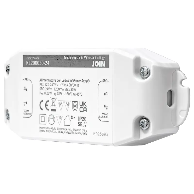 Alpha Elettronica KL200030-24 Alimentatore per LED a tensione costante 30W 24Vdc, trasformatore professionale senza sfarfallio per striscia LEDs, morsetti a vite, tensione d'ingresso 200 - 240 Vac