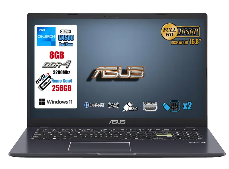 Asus Pc Notebook, Cpu Intel N4500, Ram 8GB, SSD 256GB, Monitor 15.6" FullHD, Hdmi, Usb-TypeC, Win 11, Pronto all'uso,3 Anni Garanzia.