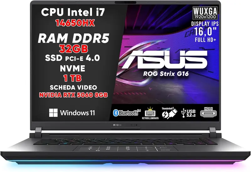 ASUS ROG STRIX G16 GAMING, NOTEBOOK GAMING I7-14650HX, RAM 32GB DDR5, SSD 1TB, NVIDIA GEFORCE RTX 5060 (8GB GDDR7), DISPLAY 16.0 FHD, LAPTOP GAMING CON THUNDERBOLT 5, BT 5.4, TASTIERA RGB, WIFI 7