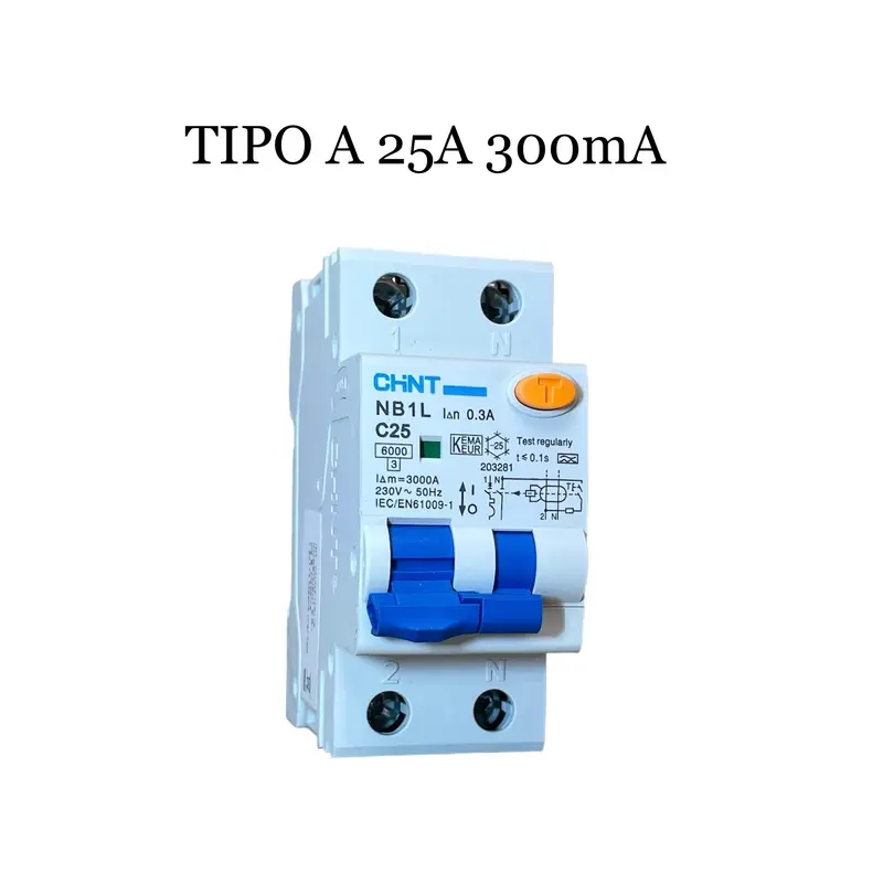 CHINT NB1L2/C25-1PN-6-A300 Interruttore magnetotermico differenziale 1P+N 25A 300mA 6kA Curva C Tipo A 203281