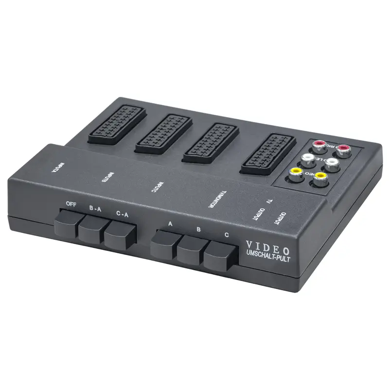 Commutatore audio video SCART+RCA con selettori, 3 prese SCART IN e una OUT, 2 ingressi RCA, centralina ciabatta switch box per dispositivi analogici, nero