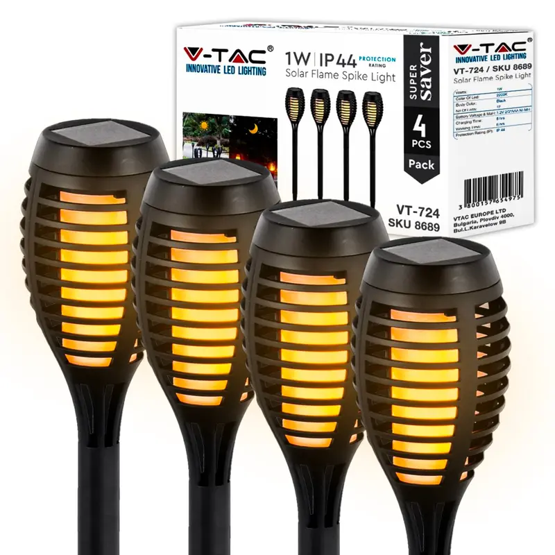 conf 4 pz Lampade Solari V-TAC LED a Forma di Torcia Effetto Fiamma 1W 2200k SKU 8689 VT-724