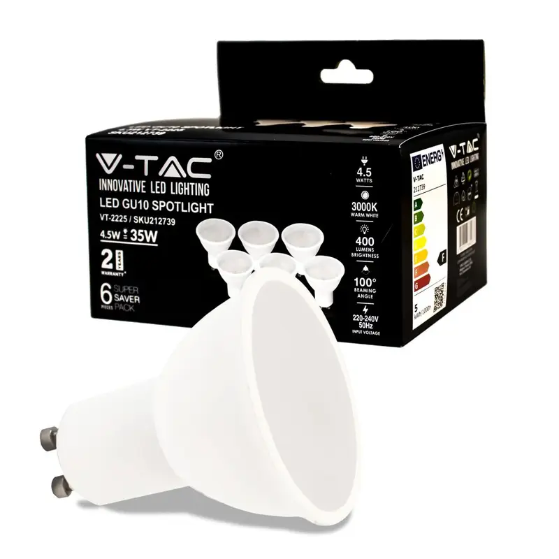 Faretto LED V-TAC GU10 4,5W 100° Copertura Satinata 3000K (Box 6 Pezzi) SKU 212739