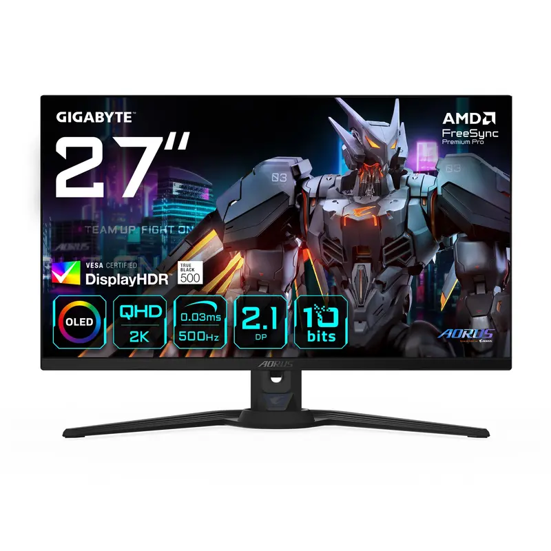 GIGABYTE AORUS FO27Q5P Monitor da gaming OLED QHD – 2560 x 1440, 500 Hz, 0,03 ms, KVM, 300 cd/m², FreeSync Premium Pro, DisplayHDR True Black 500, DisplayPort 2.1