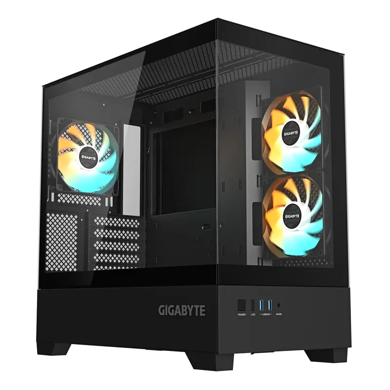 GIGABYTE C201 PANORAMIC Case per PC – Mid Tower, m-ATX, supporto per radiatore da 360 mm, 3 ventole preinstallate, USB 3.0, compatibile con RGB Fusion