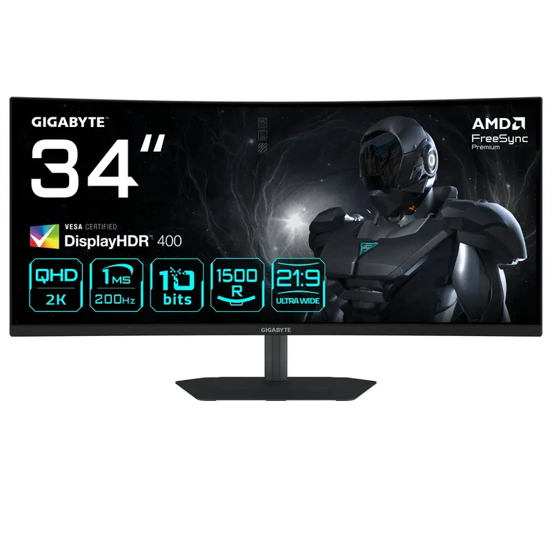 GIGABYTE G34WQC2 Monitor Gaming Curvo 34” WQHD - 3440 x 1440, 1500R, 200Hz, 1ms, 450 cd/m², AMD FreeSync Premium, DisplayHDR 400, HDMI 2.0, Displayport 1.4