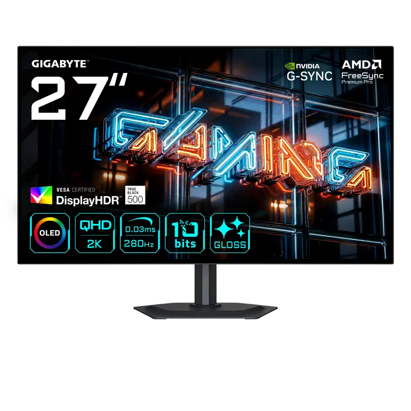 GIGABYTE MO27Q28GR Monitor Gaming WOLED Lucido 27” QHD - 2560 x 1440, 280Hz, 0.03ms, 335 cd/m², Display HDR True Black 500, HDMI 2.1, DisplayPort 1.4