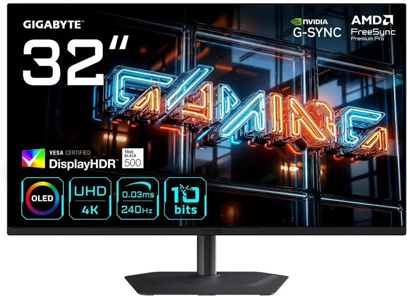 GIGABYTE MO32U24 Monitor Gaming OLED 32” 4K UHD - 3840 x 2160, 240Hz, 0.03ms, 300 cd/m², G-Sync Compatibile, FreeSync Premium Pro, Display HDR True Black 500, HDMI 2.1, DisplayPort 1.4