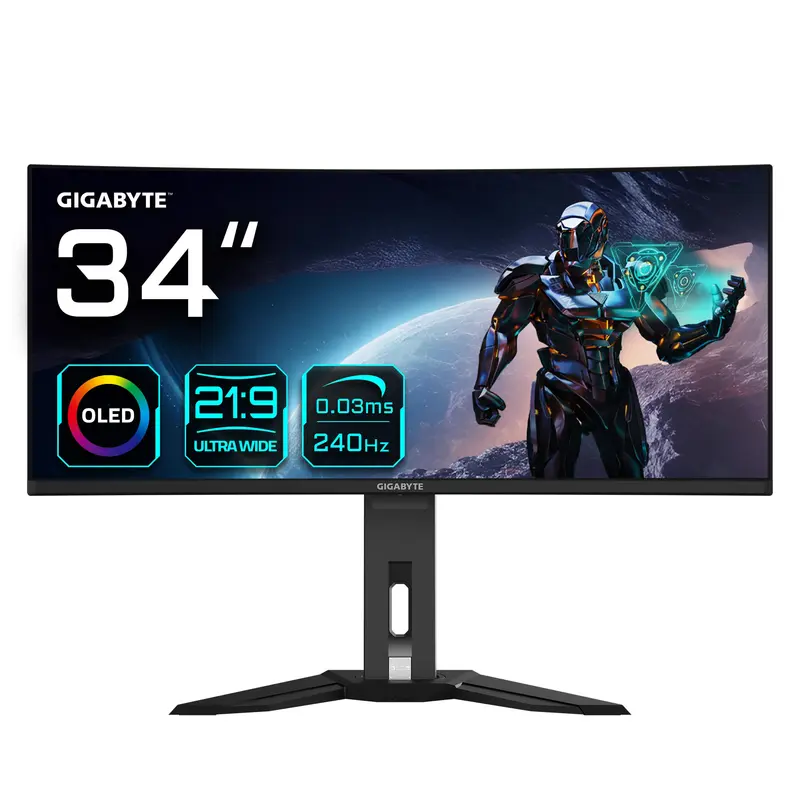 GIGABYTE Monitor da gioco curvo OLED WQHD MO34WQC2 da 34" - 3440 x 1440, 240Hz, 0.03ms, KVM, 250 cd/m², FreeSync Premium Pro, DisplayHDR True Black 400, HDMI 2.1, Displayport 1.4