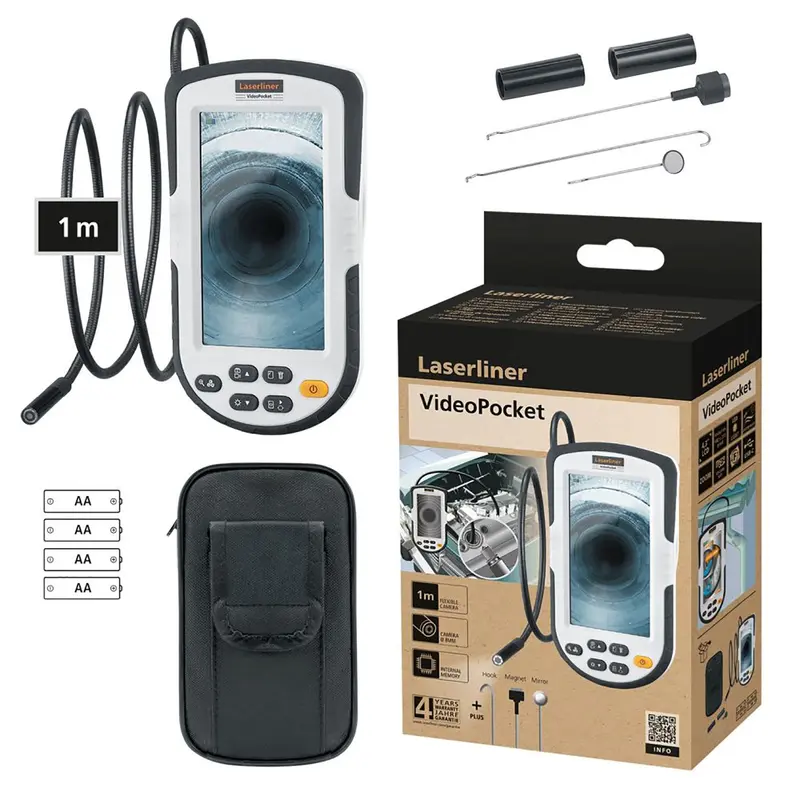 Laserliner Sistema per videoispezione con telecamera sonda flessibile da 1 metro e display ampio da 4.3", videocamera HD dotata di LED, custodia gancio magnete e specchio inclusi