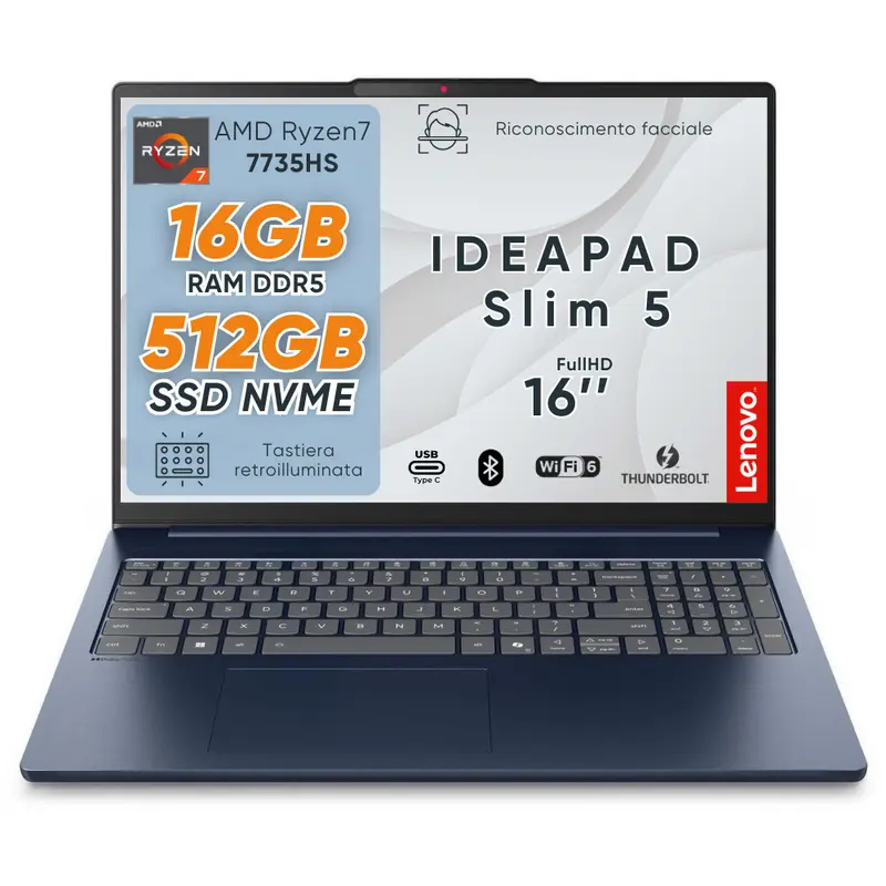 Lenovo Ideapad slim5, Cosmic Blu, Notebook, Amd Ryzen7 7735HS, DDR5 16Gb, Display WUXGA 16" IPS FHD+, SSD da 512Gb, Wi-Fi 6, Bt, USB Thunderbolt, Tastiera retroilluminata, Win11 Pro, Pronto all'Uso.