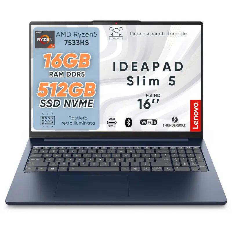 Lenovo Ideapad Slim5 Pc Portatile, Notebook Amd Ryzen5 7533HS, 16GB RAM DDR5, SSD 512Gb, Display 16" WUXGA IPS FHD+, Laptop con Win11 Pro, Wi-Fi 6, Usb Thunderbolt, Tastiera Retroilluminata.