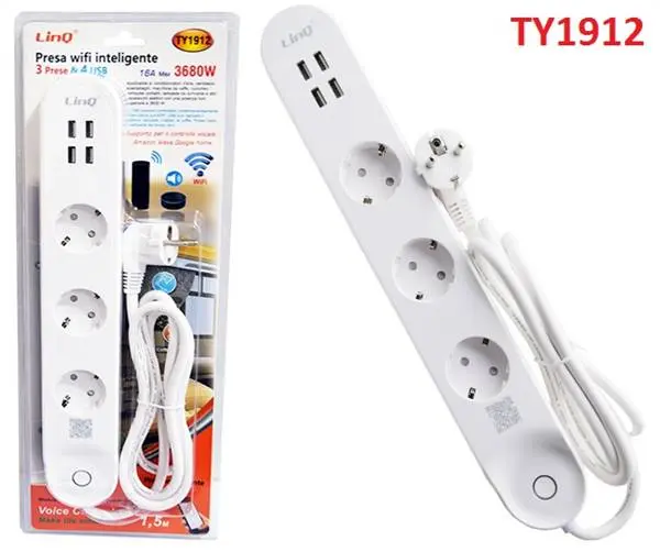 MULTIPRESA 3 POSTI CON 3 PORTE SHUKO E 4 USB INTELIGENTE WIFI PN