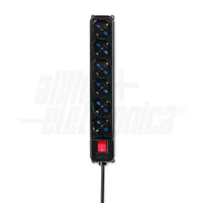 Multipresa con 6 prese Universali Italia P40 - Interruttore - Cavo 1,5m - Spina 16 A a 90° - Nera