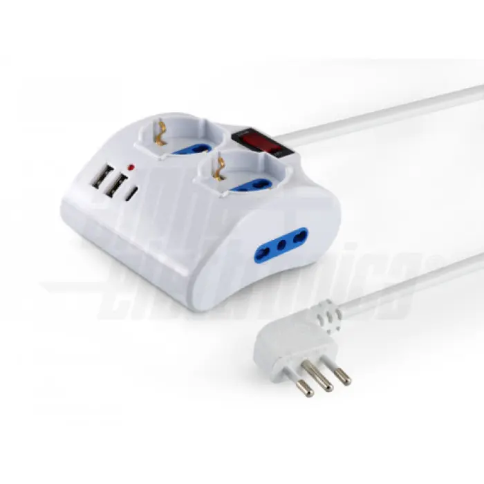 Multipresa da tavolo con 2 prese Universali Italia P40 e 1 Italia bipasso 10/16 A - Interruttore - Cavo 1,5m - Spina 10 A a 90° - 2 USB A e 1 USB C - Protezione sovraccarico - Bianca