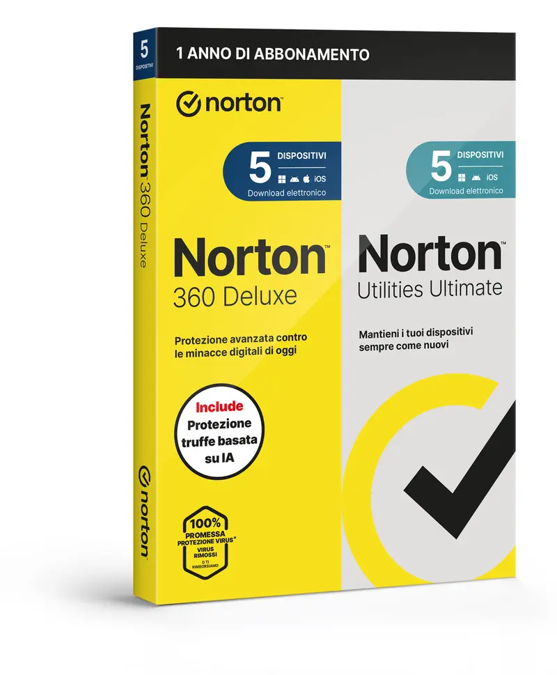 NORTON 360 DELUXE 2026 -ANTITRUFFA- 5 DISPOSITIVI 12 MESI 50GB + UTILITIES ULTIMATE - IT BOX