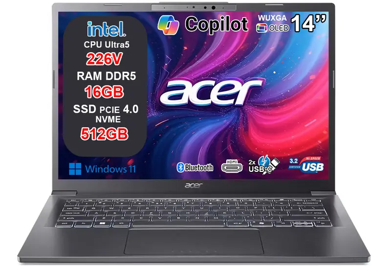 NOTEBOOK ACER ASPIRE 14 AI ULTRA 5 226V 16GB DDR5 RAM 512GB SSD 14.0 OLED WUXGA W11 HOME PC COPILOT+ PN