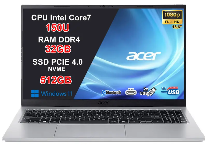 NOTEBOOK ACER ASPIRE GO 15, CPU CORE 7 150U, 32GB RAM DDR4, 512GB SSD, DISPLAY 15.6 FHD, SILVER, W11 HOME PN