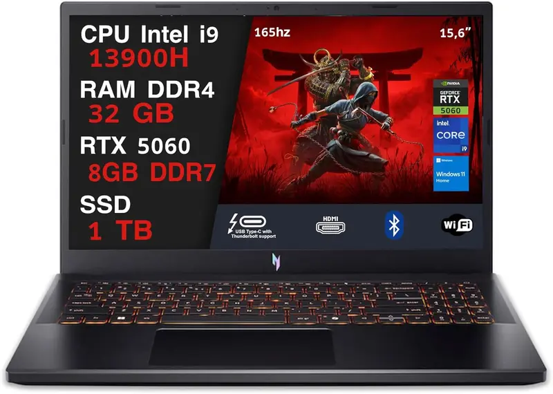 NOTEBOOK ACER NITRO V15,INTEL I9-13900H, 32GB DDR5 RAM, 1TB SSD, 15.6 IPS FHD 180HZ, GEFORCE RTX 5060 8GB GDDR7, WIN11 HOME, TASTIERA RETROILLUMINATA. PN