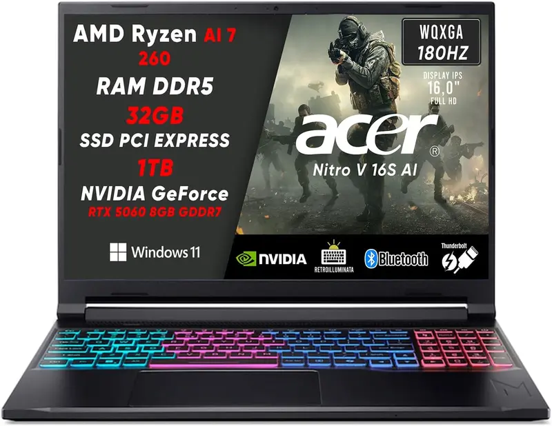 NOTEBOOK ACER NITRO V16S RYZEN AI 7 260 32GB RAM DDR5 1TB SSD RTX 5060 8GB GDDR7 16" IPS WQXGA 180HZ W11 HOME TASTIERA RETROILLUMINATA RGB PN