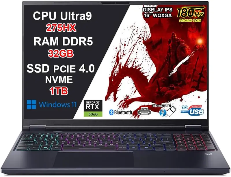 NOTEBOOK ACER PREDATOR HELIOS NEO 16, ULTRA 9 275HX, RAM 32GB DDR5, SSD 1TB SSD, NVIDIA GEFORCE RTX 5060 8GB GDDR7, DISPLAY 16.0 WQXGA 180HZ,TASTIERA RGB, WIFI 6E, WIN11, PN