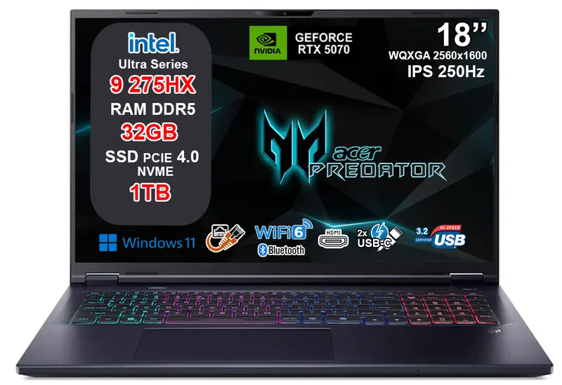 NOTEBOOK ACER PREDATOR HELIOS NEO 18, ULTRA 9 275HX, RAM 32GB DDR5, SSD 1TB, NVIDIA GEFORCE RTX 5070 8GB GDDR7, DISPLAY 18.0 IPS 250HZ DDS Mini LED,TASTIERA RGB, WIFI 6E, W11 PRO PN