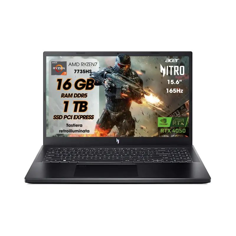 NOTEBOOK ACER RYZEN7 7735HS 16GB RAM 1TB SSD RTX 4050 6GB 15.6 IPS FHD 165HZ W11 HOME TASTIERA RETROILLUMINATA PN