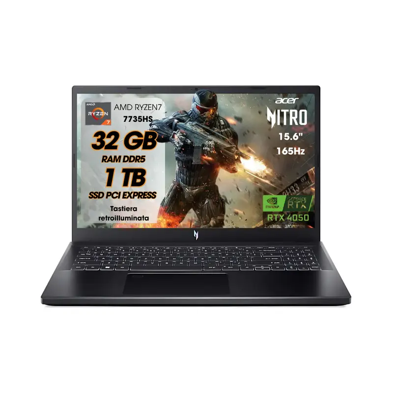 NOTEBOOK ACER RYZEN7 7735HS 32GB RAM 1TB SSD RTX 4050 6GB 15.6 IPS FHD 165HZ W11 HOME TASTIERA RETROILLUMINATA PN