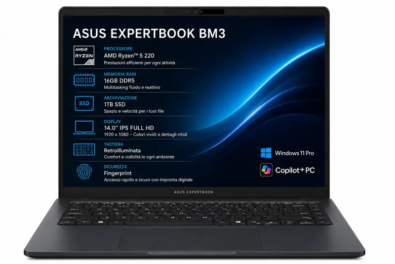 NOTEBOOK ASUS EXPERTBOOK BM3 RYZEN 5 220 16GB RAM DDR5 1TB SSD 14.0 IPS FULL HD TASTIERA RETROILLUMINATA FINGERPRINT W11 PRO COPILOT+ PC PN