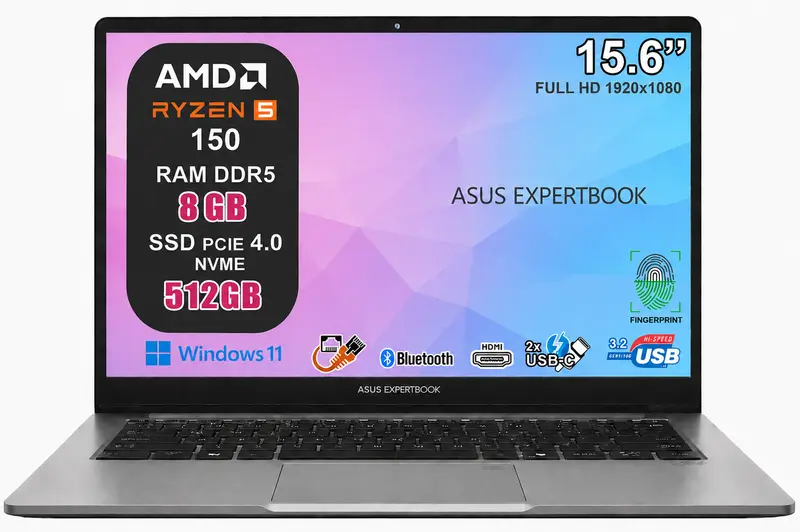 NOTEBOOK ASUS EXPERTBOOK P1 RYZEN 5 150 8GB RAM DDR5 512GB SSD 15.6 FULL HD FINGERPRINT WINDOWS 11 HOME 2 ANNI GARANZIA PN