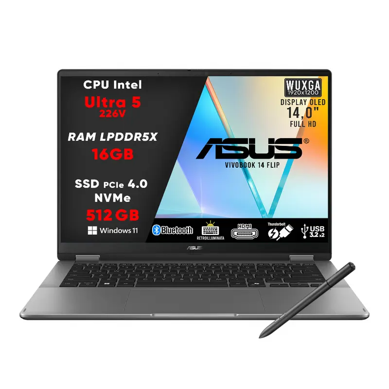 NOTEBOOK ASUS VIVOBOOK 14 FLIP ULTRA 5 16GB RAM 512GB SSD 14.0 OLED TOUCH WIN 11 HOME TASTIERA RETROILLUMINATA CON PENNINO PN