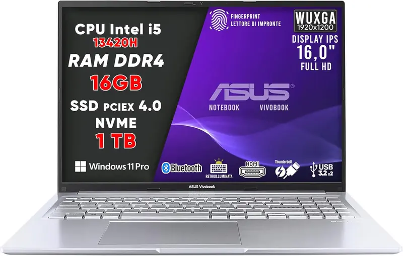 NOTEBOOK ASUS VIVOBOOK I5-13420H 16GB RAM 1TB SSD 16.0 WUXGA FULL HD WINDOWS 11 HOME SILVER TASTIERA RETROILLUMINATA PN