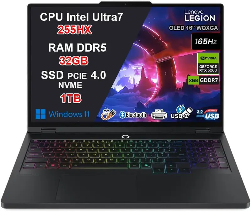 NOTEBOOK LENOVO LEGION PRO 5 ULTRA 7 255HX, 32GB RAM, 1TB SSD, 16.0 WQXGA OLED 165HZ, RTX 5060 8GB, ECLIPSE BLACK, WIFI 7, TASTIERA RGB, W11 PN