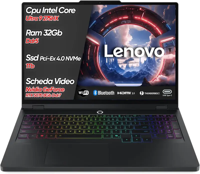 NOTEBOOK LENOVO LEGION PRO 5 ULTRA 9 275HX, 32GB RAM, 1TB SSD, 16.0 WQXGA OLED 165HZ, RTX 5070 8GB, ECLIPSE BLACK, WIFI 7, TASTIERA RGB, WINDOWS 11 PRO  PN