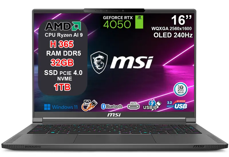 NOTEBOOK MSI CREATOR A16 AI+, CPU RYZEN AI 9 H 365, 32GB RAM, 1TB SSD, RTX 4050 6GB GDDR6, 16.0 OLED QHD+ 240HZ, WIFI 7, TASTIERA RGB, WINDOWS 11 PRO PN