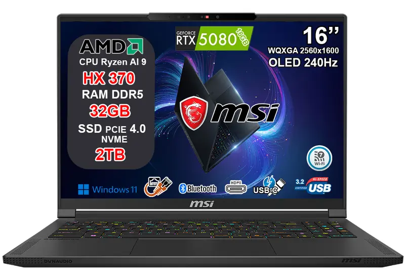 NOTEBOOK MSI STEALTH A16 AI+, CPU RYZEN AI 9 HX 370, 32GB RAM, 2TB SSD, RTX 5080 16GB GDDR7, 16.0 OLED QHD+ 240HZ, WIFI 7, TASTIERA RGB, WINDOWS 11 HOME PN