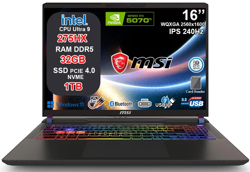 NOTEBOOK MSI VECTOR 16 HX AI A2XW, ULTRA 9 275HX, RAM 32GB DDR5, SSD 1TB SSD, NVIDIA GEFORCE RTX 5070TI 12GB GDDR7, DISPLAY 16.0 QHD+ 240HZ IPS, TASTIERA RGB, WIFI 7, WINDOWS 11 HOME, PN