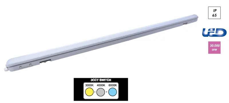 Plafoniera led stagna Imperia IP65 52w 6360lm 3CCT 3000K/4000K/6000K 150CM 212578
