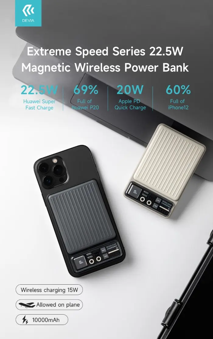 Power bank Devia carica rapida 22.5w wireless magnetico 10.000mah grigio scuro DEPB10M997G