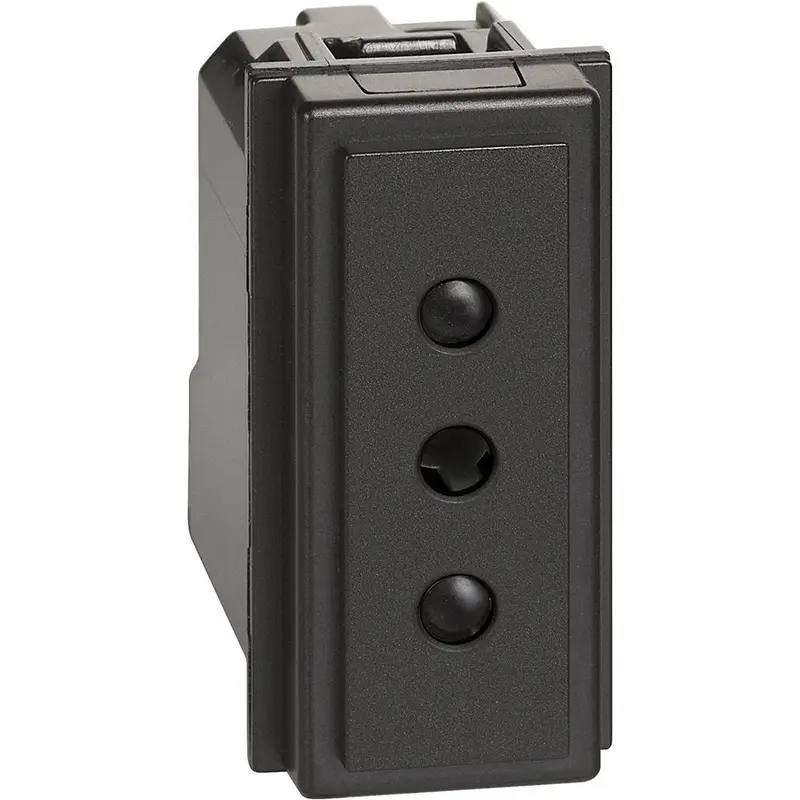 Presa 2 P+T 10 A, 250 Va.c. - interasse 19 mm - alveoli schermati ø 4 mm - 1 modulo, Nero. Bticino KG4113