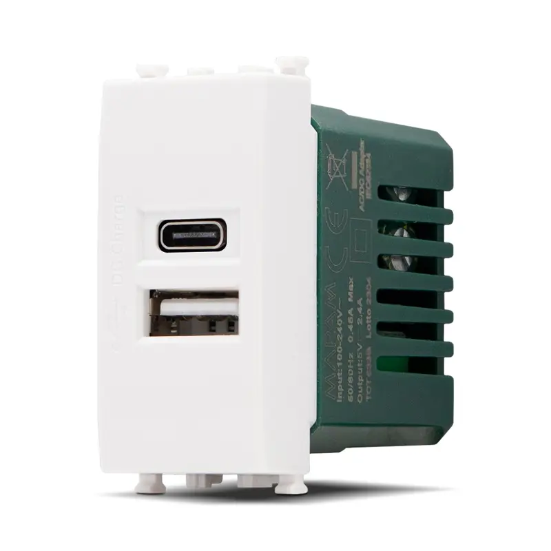 Presa USB 2.4A A+C GEM Bianco compatibile con Vimar Plana MAPAM F633BI