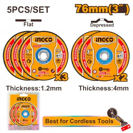 SET 3PZ DISCHI ABRASIVI E 2PZ. PER TAGLIO PER METALLO 76MM