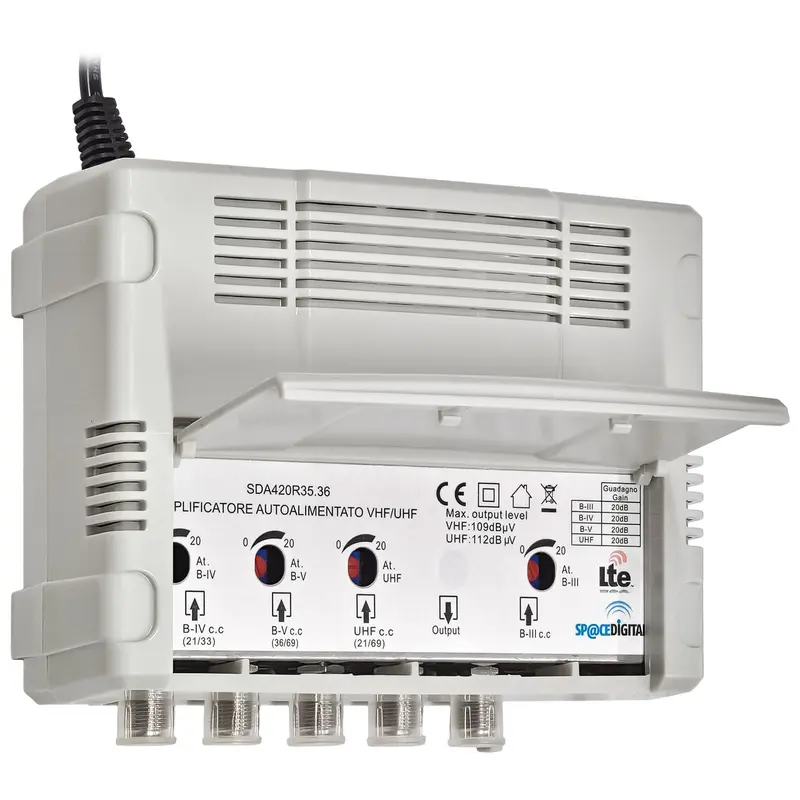 SpaceDigital Amplificatore autoalimentato 230V Centralina TV da interno VHF UHF 4 ingressi, auto CC, 1 uscita, connettore F, alimentazione cavo con spina 220V, guadagno regolabile 0-20dB, 5G LTE