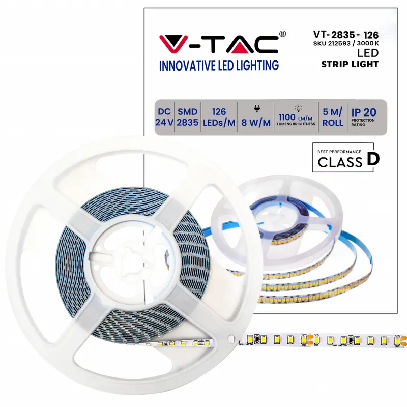 Strip LED SMD2835 8W/m 5m 120 LED/m 137LM/W 24V 3000K IP20 8mm V-TAC SKU 212593