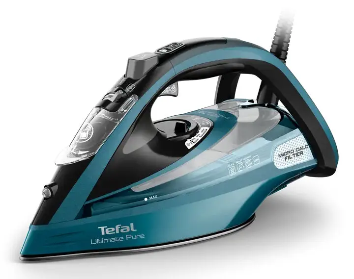 Tefal Ultimate Pure FV9851E0 ferro da stiro Ferro da stiro a secco e a vapore Durilium AirGlide Autoclean soleplate 3200 W Nero, Blu